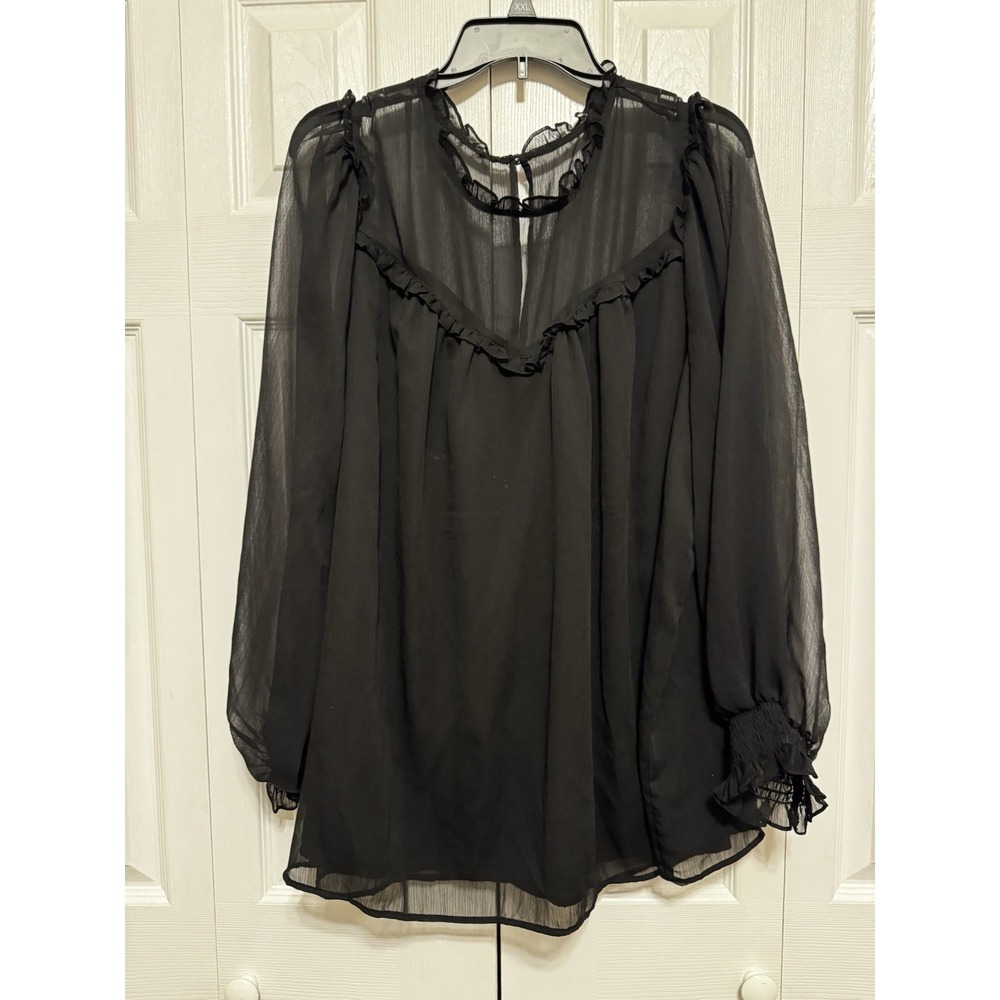 Torrid Blouse Sheer Womens Plus Size 3 3X Black Lace Ruffle Sleeve Goth Silky